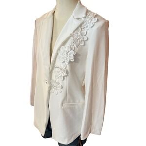 Glamour Womens White Floral Lace Applique Rhinestone Button Blazer Jacket XL NEW
